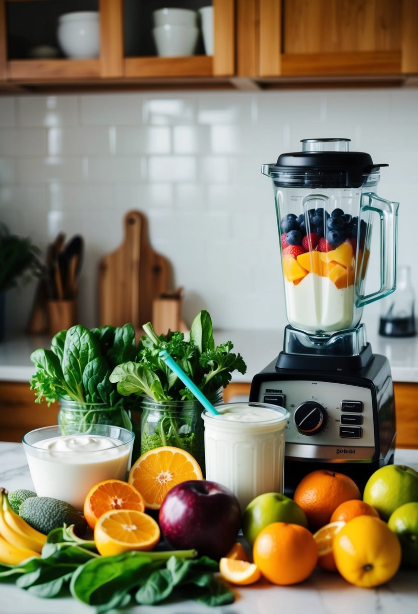 A colorful array of fresh fruits, leafy greens, and yogurt arranged on a kitchen counter, with a blender ready to whip up a late-night smoothie