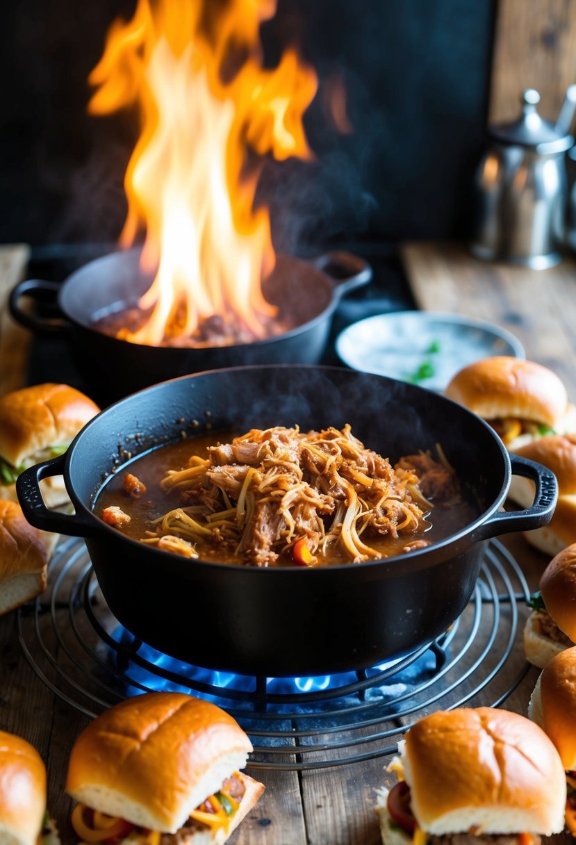 A rustic kitchen with a cast iron pot simmering over an open flame, filled with slow-cooked pulled pork and surrounded by freshly baked slider buns