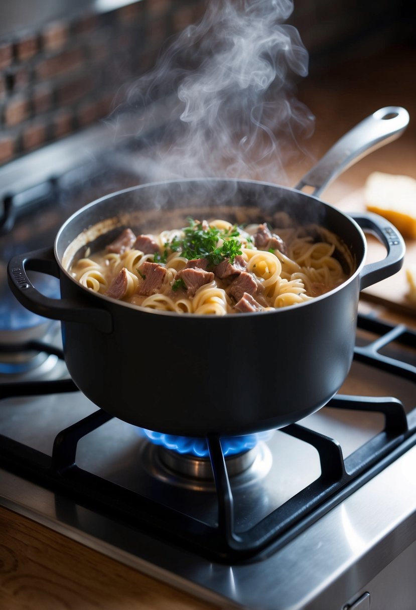 A steaming pot of creamy ranch beef pasta simmering on a stove at 2am