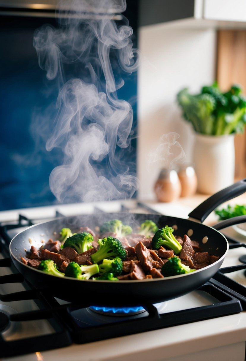 A sizzling pan of beef and broccoli stir-fry cooks on a stovetop, steam rising and filling the kitchen with savory aromas