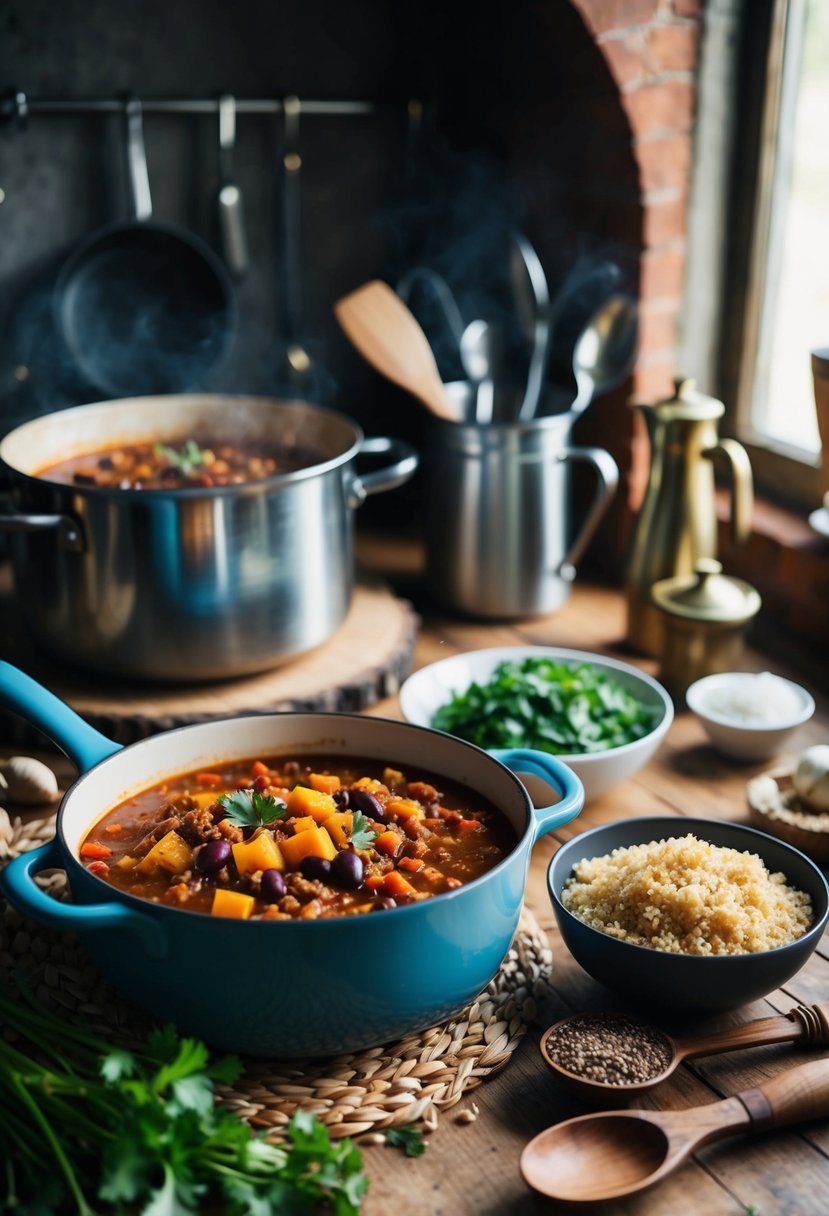 A rustic kitchen with a simmering pot of vegetarian chili and a bowl of quinoa, surrounded by vintage cooking utensils and ingredients