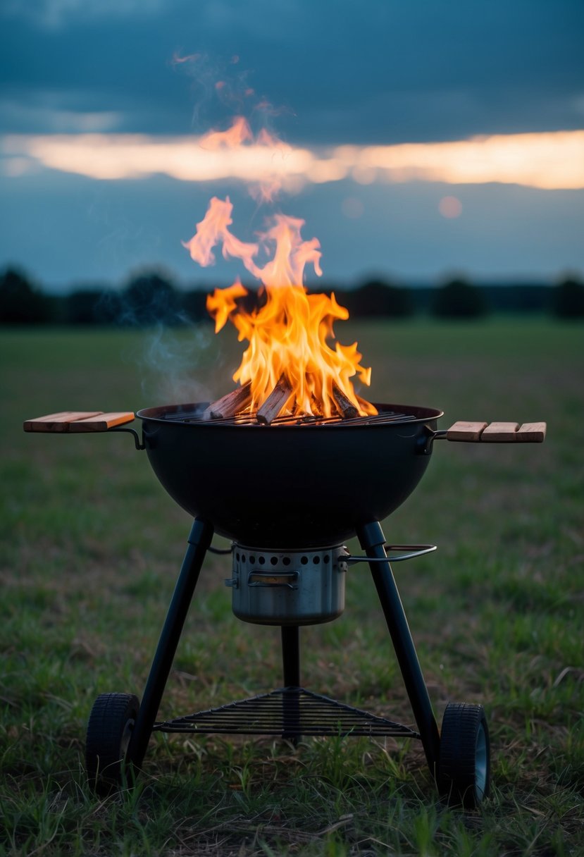 A field kitchen with a grill, surrounded by darkness, with the glow of a fire and the scent of sizzling food in the air