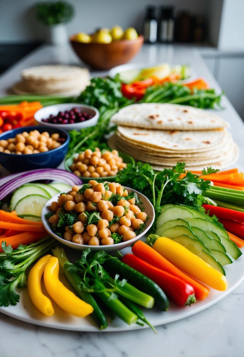 A colorful array of fresh vegetables, chickpeas, and tortillas spread out on a clean kitchen counter, ready to be assembled into delicious chickpea salad wraps