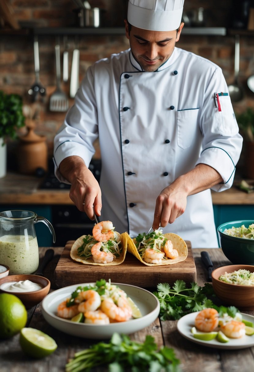 A chef in a rustic kitchen prepares shrimp tacos with cilantro-lime slaw, surrounded by vintage cooking utensils and ingredients