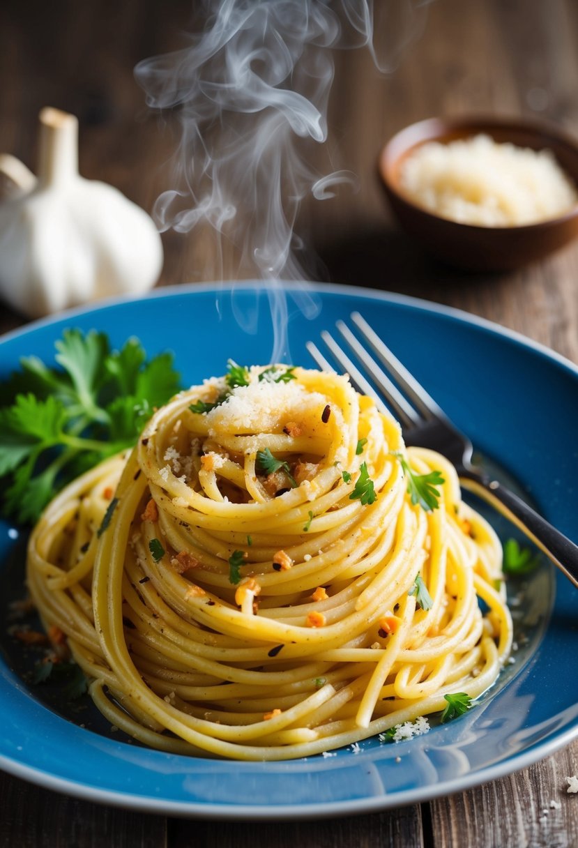 A steaming plate of spaghetti with olive oil, garlic, and chili flakes, garnished with fresh parsley and grated parmesan cheese