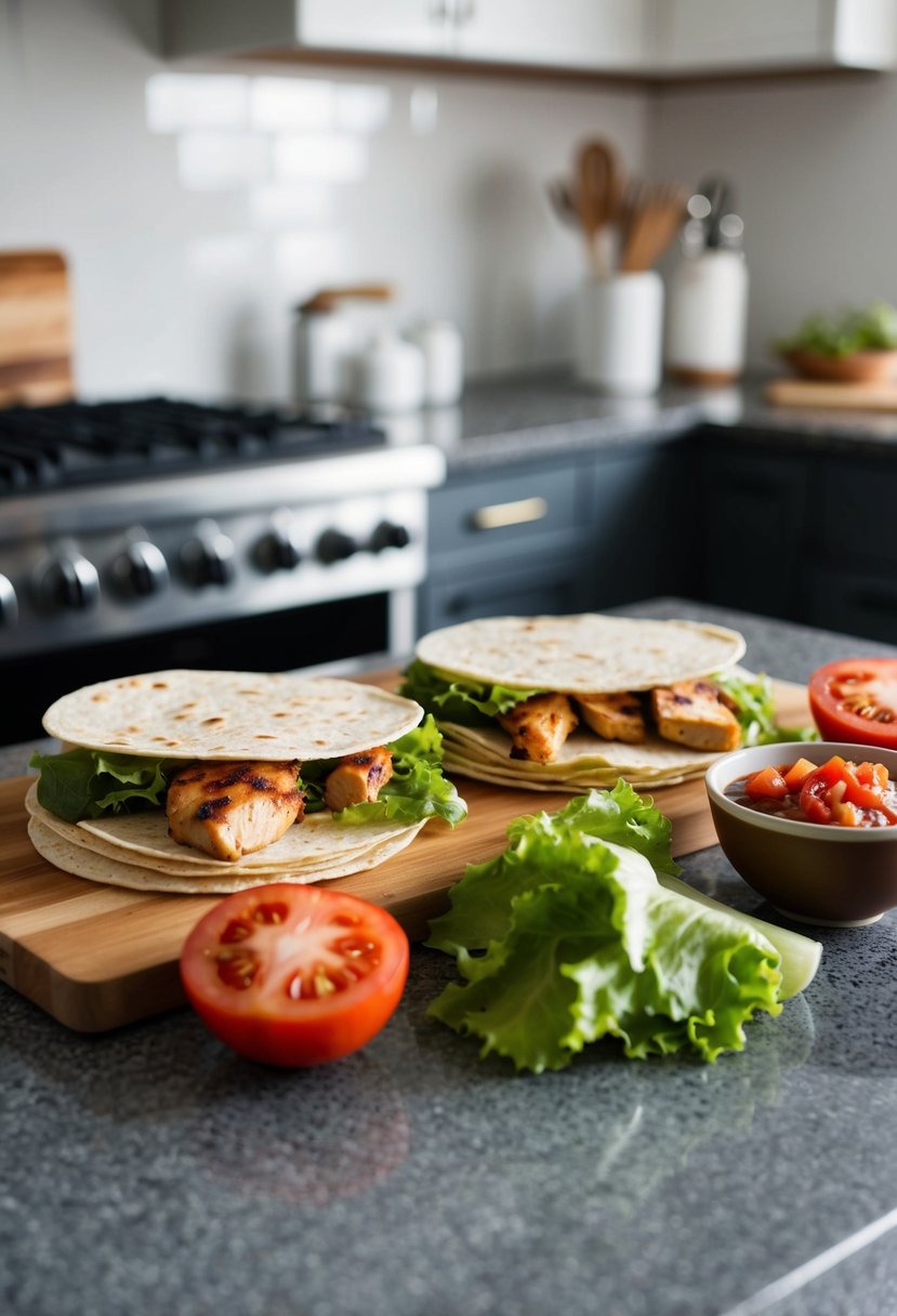 A kitchen counter with ingredients for Southwest chicken wraps: tortillas, grilled chicken, lettuce, tomatoes, cheese, and a bowl of salsa