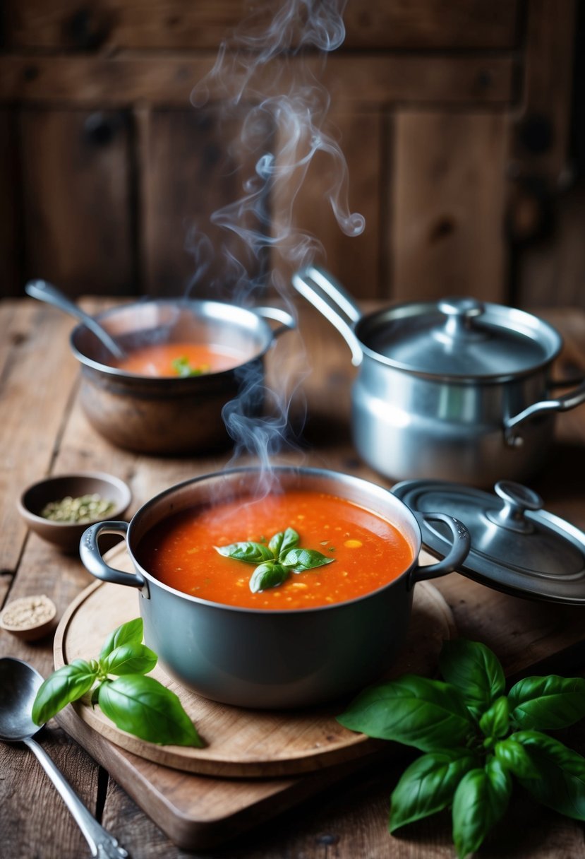 A rustic kitchen with a steaming pot of tomato soup, fresh basil, and vintage cookware