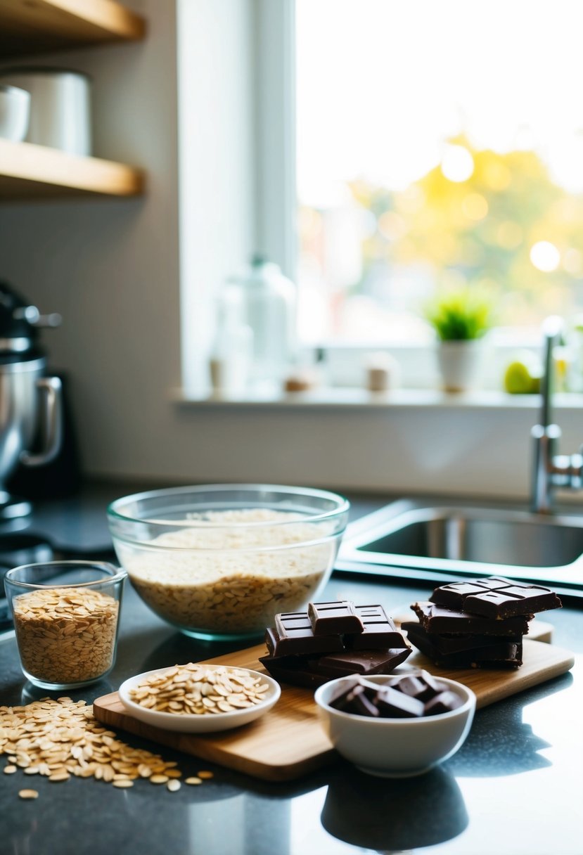 A kitchen counter with ingredients for no-bake chocolate oat bars, including oats, chocolate, and a mixing bowl