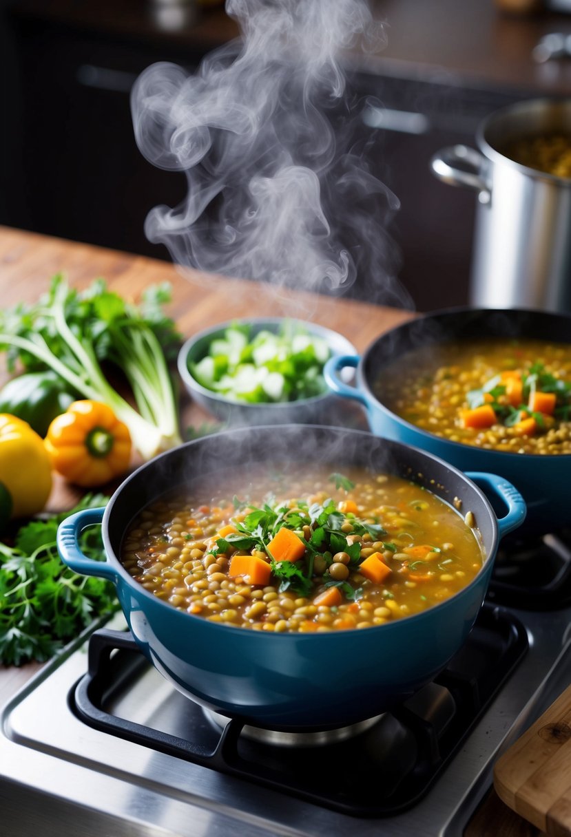 A pot of lentil soup simmers on the stove, steam rising. Fresh vegetables and herbs sit nearby, ready to be added to the quick 15-minute recipe