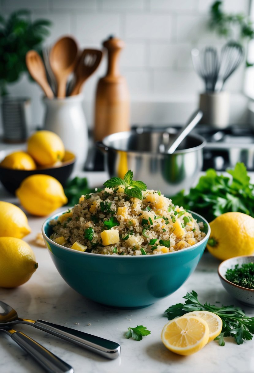 A bowl of lemon herb quinoa salad surrounded by fresh ingredients and cooking utensils on a kitchen counter