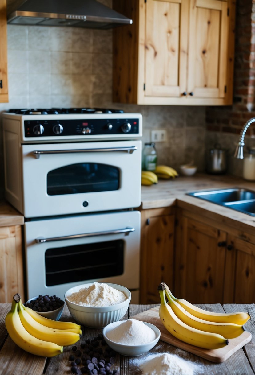 A rustic kitchen with a vintage oven, a wooden table, and ingredients like bananas, chocolate chips, flour, and sugar scattered around