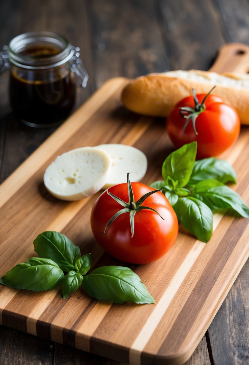 A wooden cutting board with fresh tomatoes, basil leaves, mozzarella cheese, and a baguette, with a jar of balsamic glaze nearby