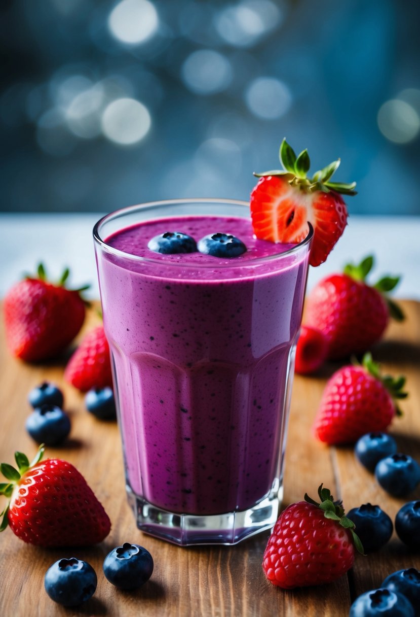 A glass filled with a vibrant purple triple berry smoothie sits on a wooden table, surrounded by fresh strawberries, blueberries, and raspberries