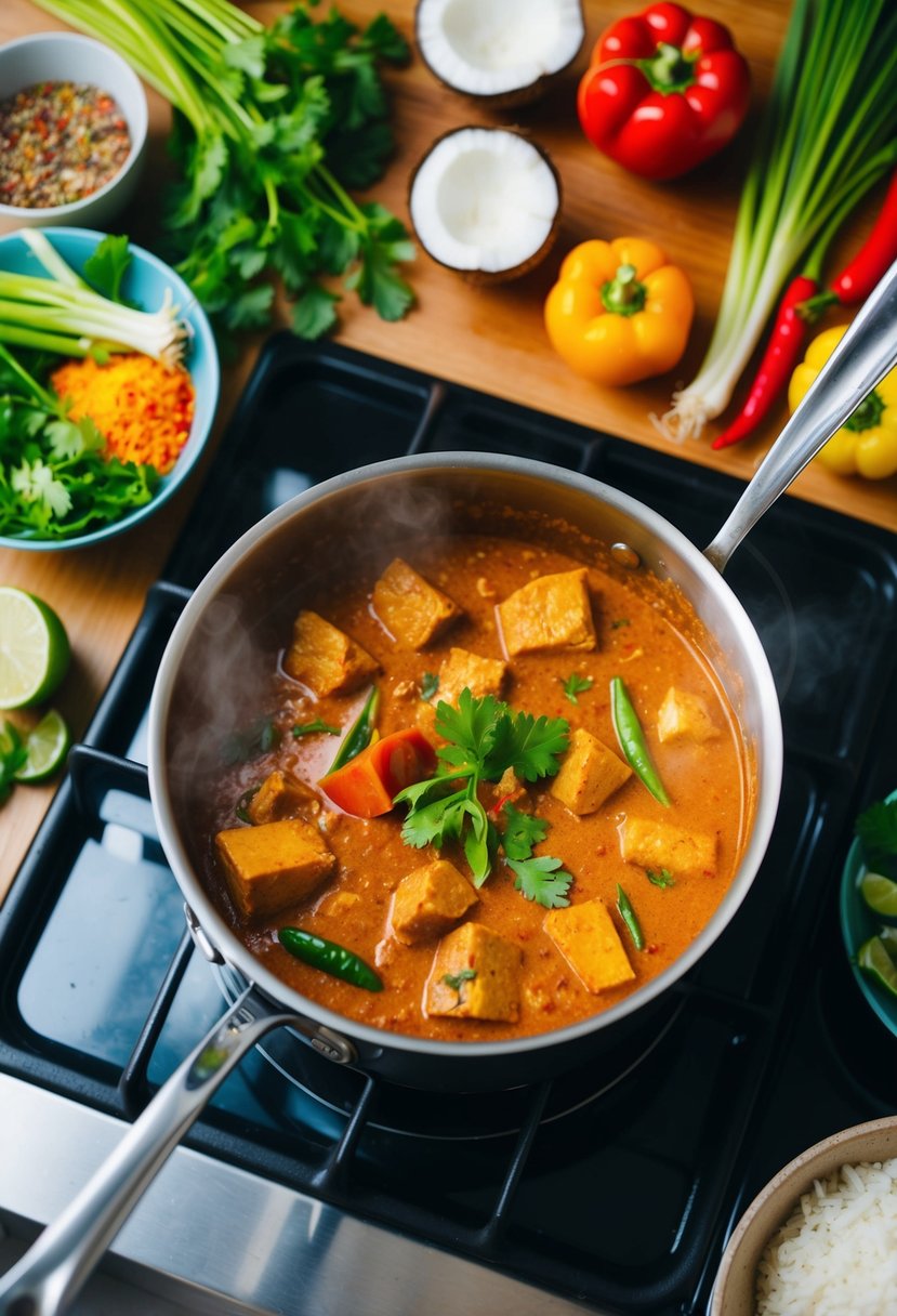 A steaming pot of Thai red curry simmers on a stove, surrounded by a colorful array of fresh vegetables, coconut milk, and aromatic spices