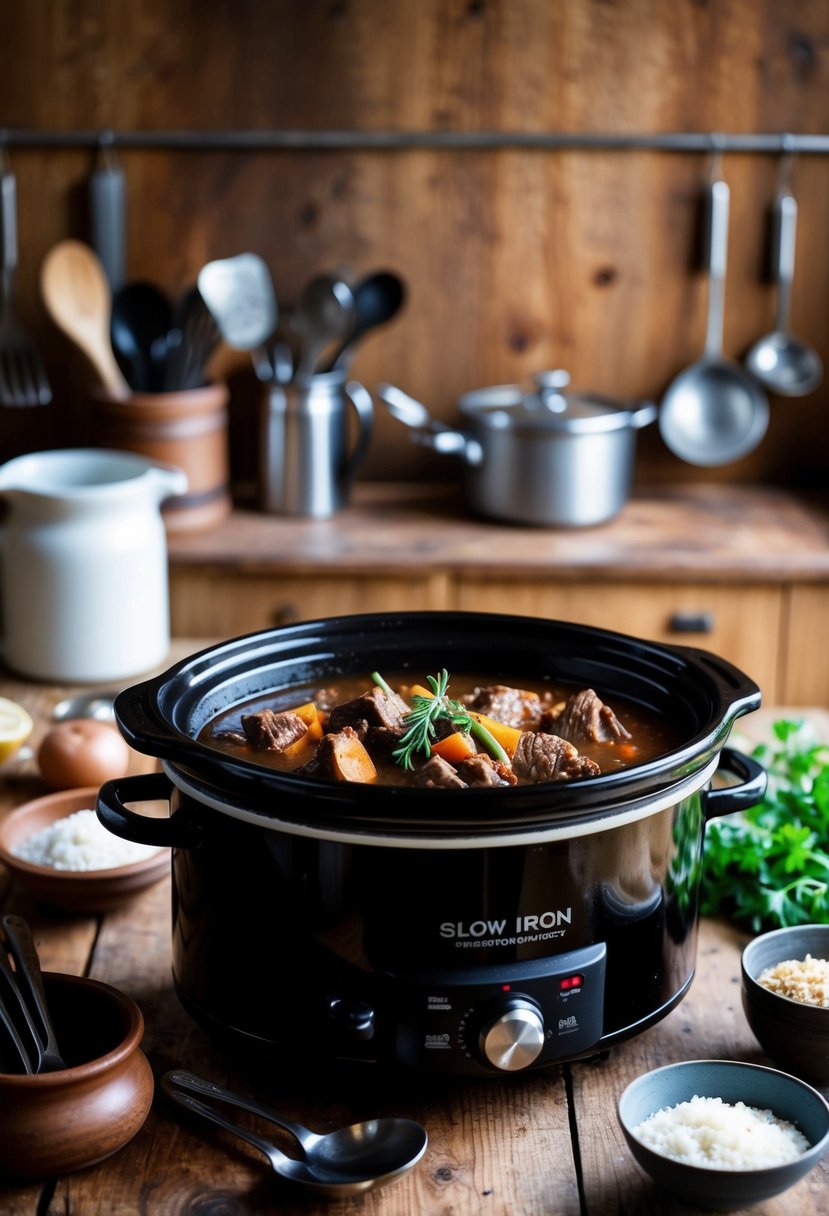 A rustic kitchen with a cast iron slow cooker bubbling with hearty beef stew, surrounded by vintage cooking utensils and ingredients