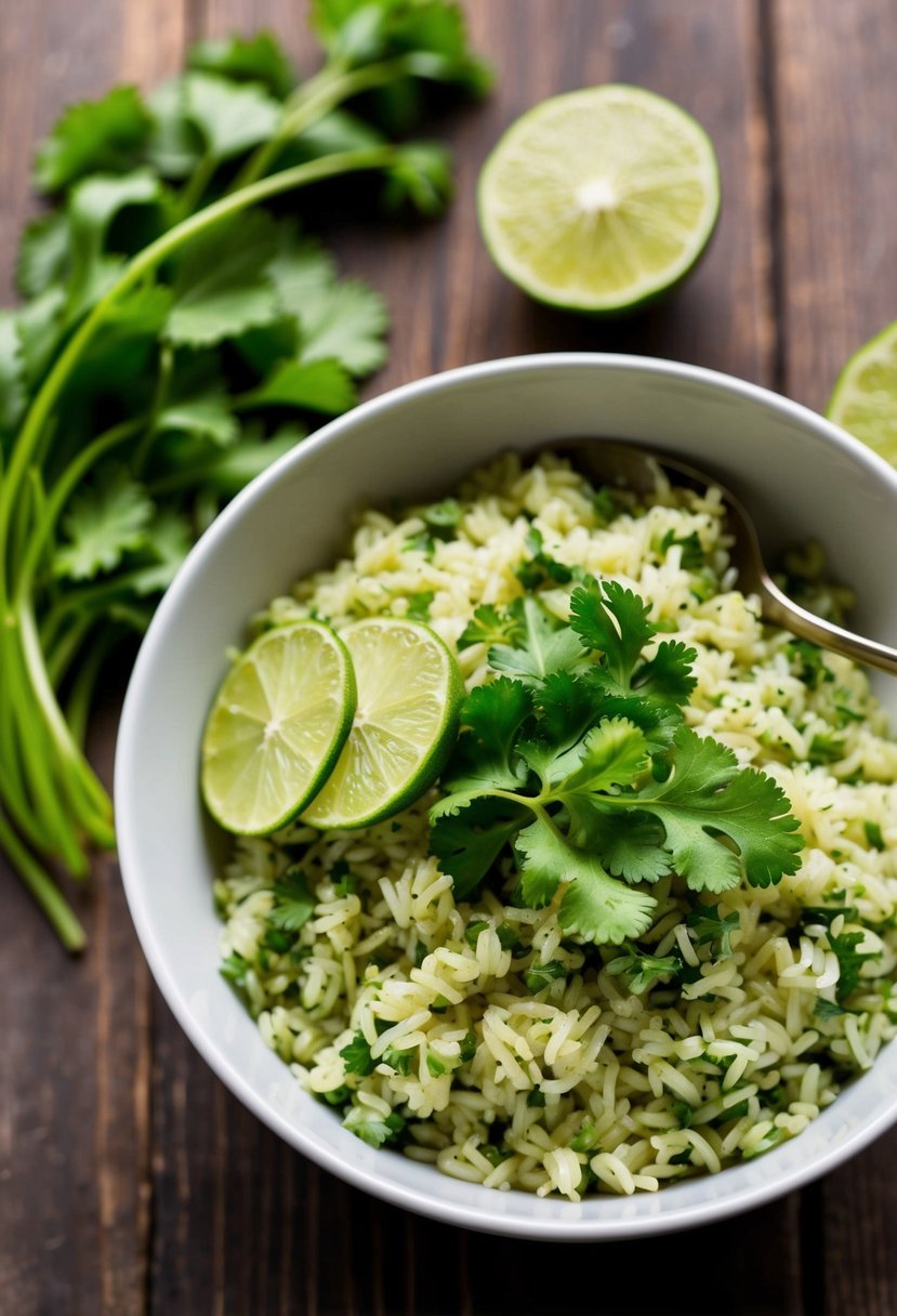 A bowl of cilantro lime rice with fresh cilantro and lime slices