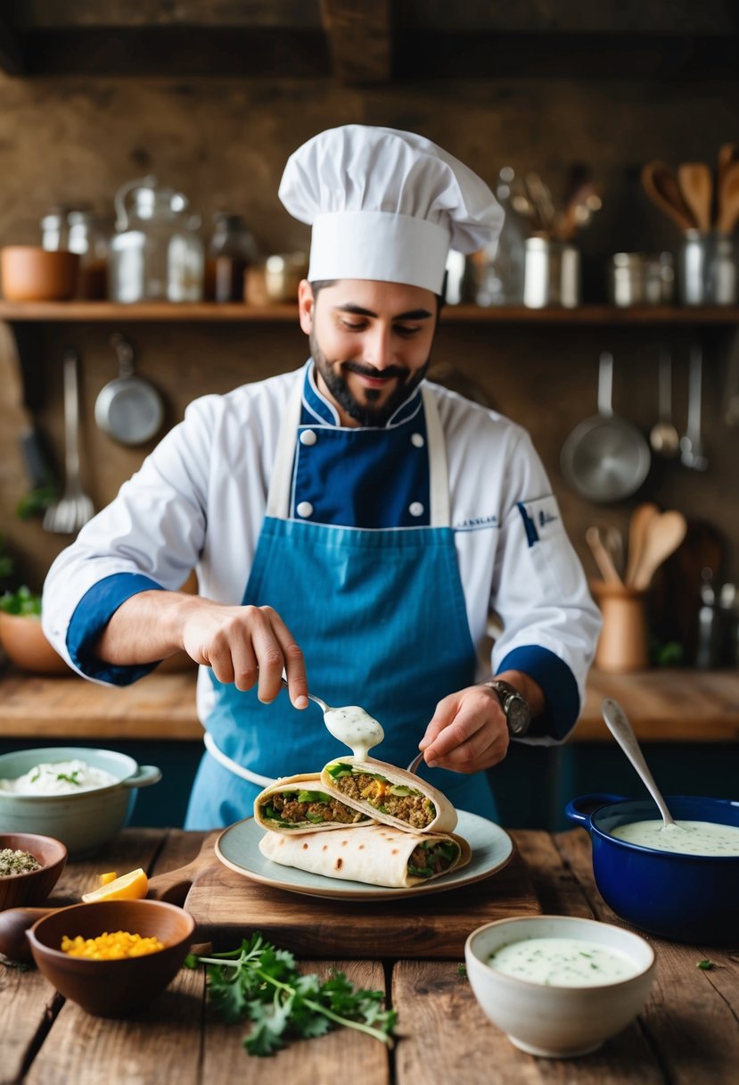 A chef prepares a falafel wrap with tzatziki sauce in a rustic 1800s kitchen, surrounded by vintage cooking utensils and ingredients