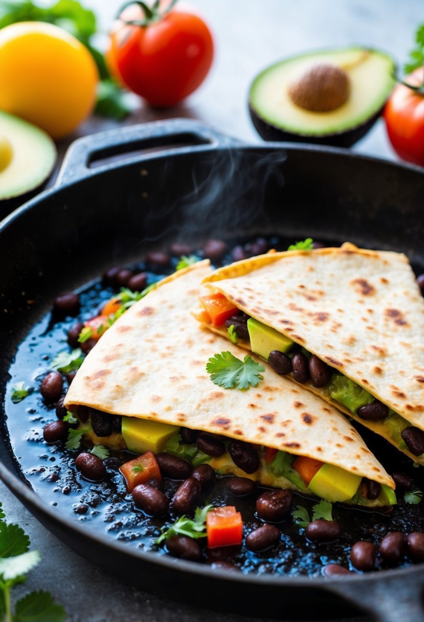 A sizzling black bean quesadilla cooking on a hot skillet, surrounded by colorful ingredients like tomatoes, avocado, and cilantro