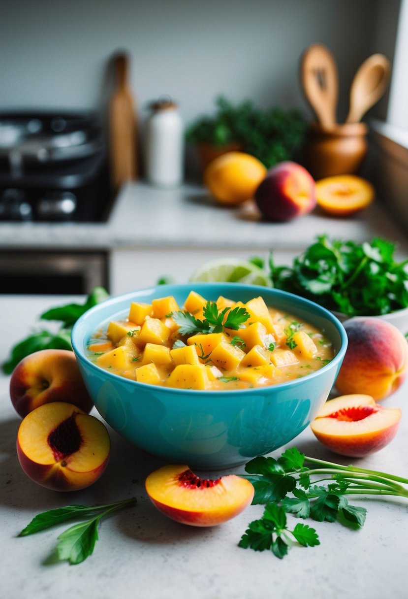 A bowl of peach mango salsa surrounded by fresh fruit and herbs on a kitchen counter at 2am