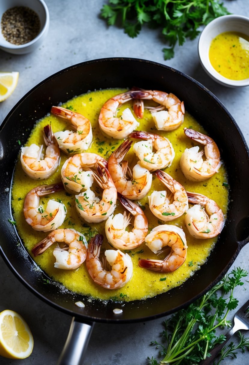 A sizzling skillet with succulent shrimp in a pool of garlic butter, surrounded by fresh herbs and a sprinkle of seasoning