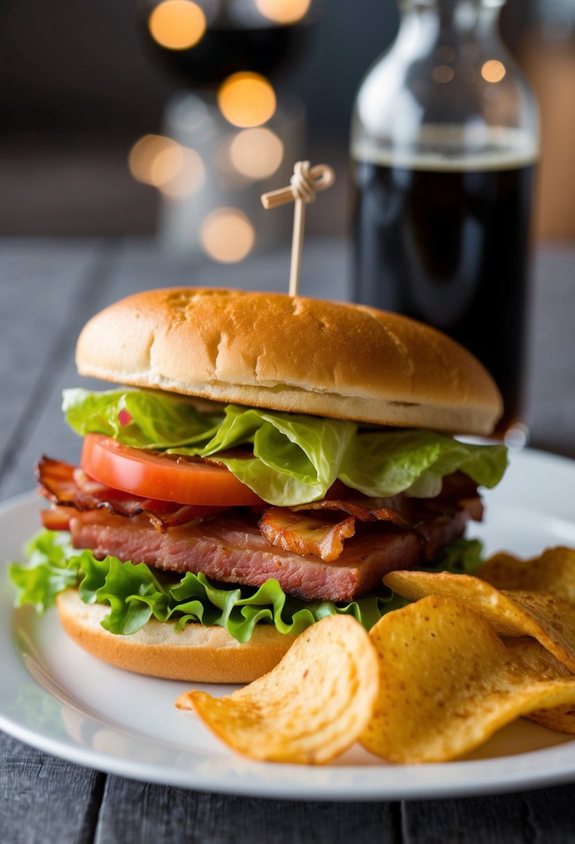 A plate holds a classic BLT sandwich with crisp bacon, lettuce, and tomato, accompanied by a side of golden brown potato chips