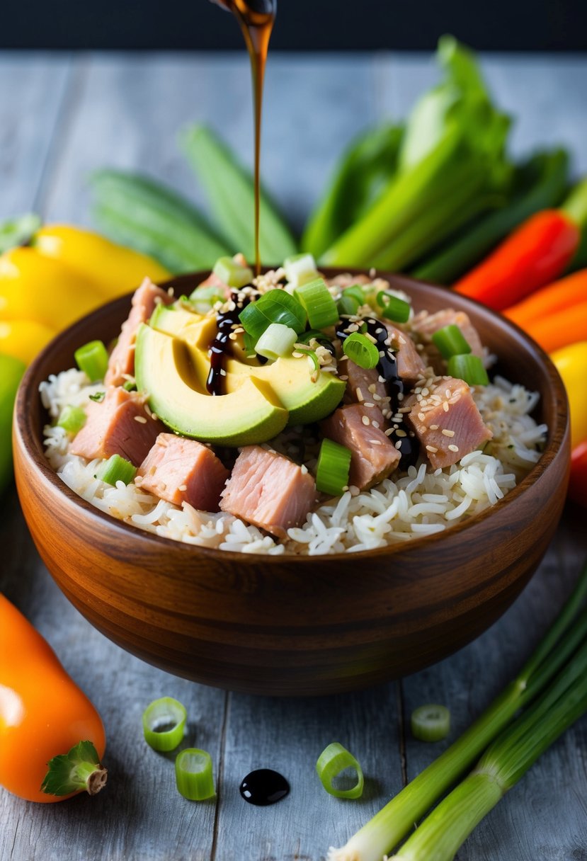 A wooden bowl filled with diced tuna, avocado, and rice, garnished with sesame seeds and green onions, surrounded by colorful vegetables and a drizzle of soy sauce