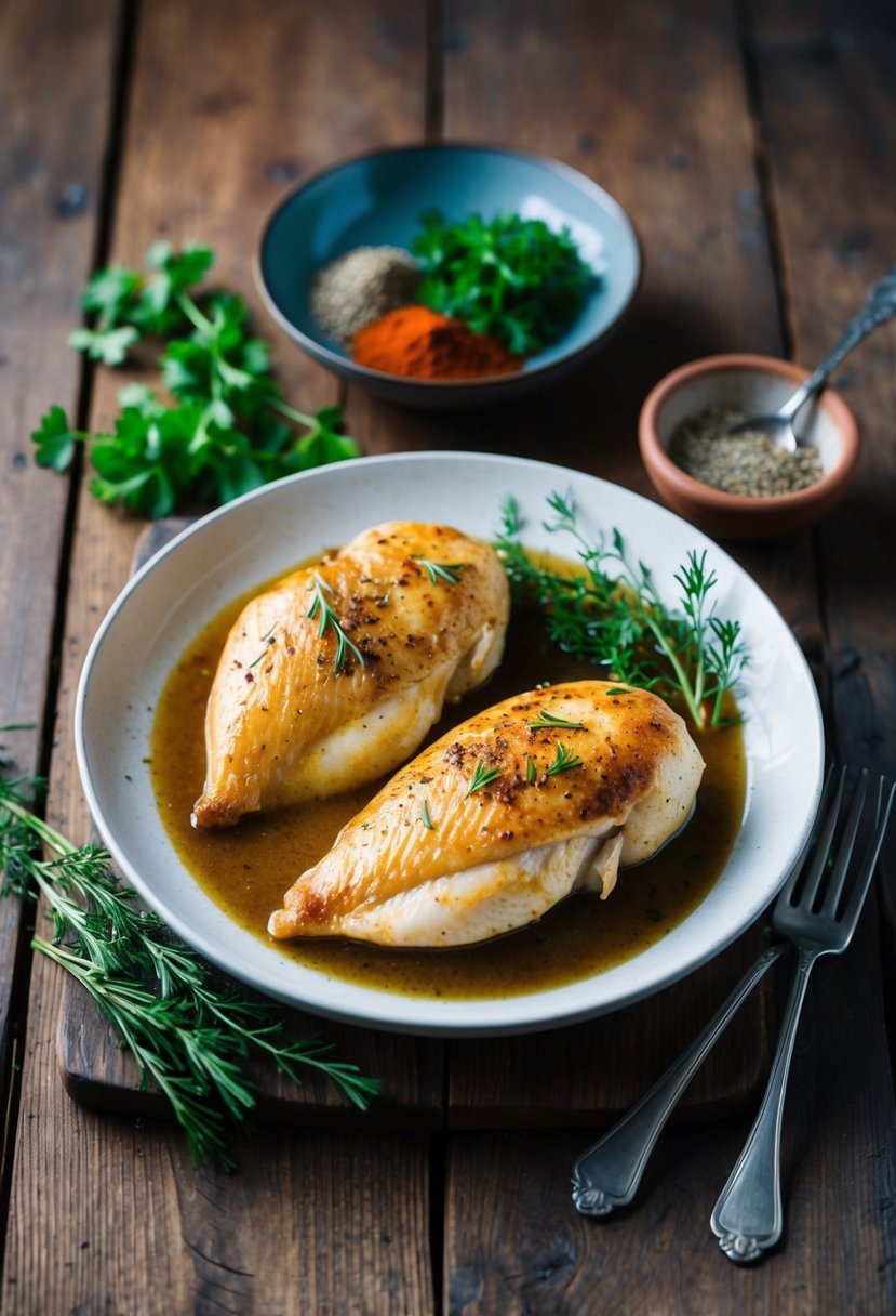 Two chicken breast dishes on a rustic wooden table with fresh herbs and spices