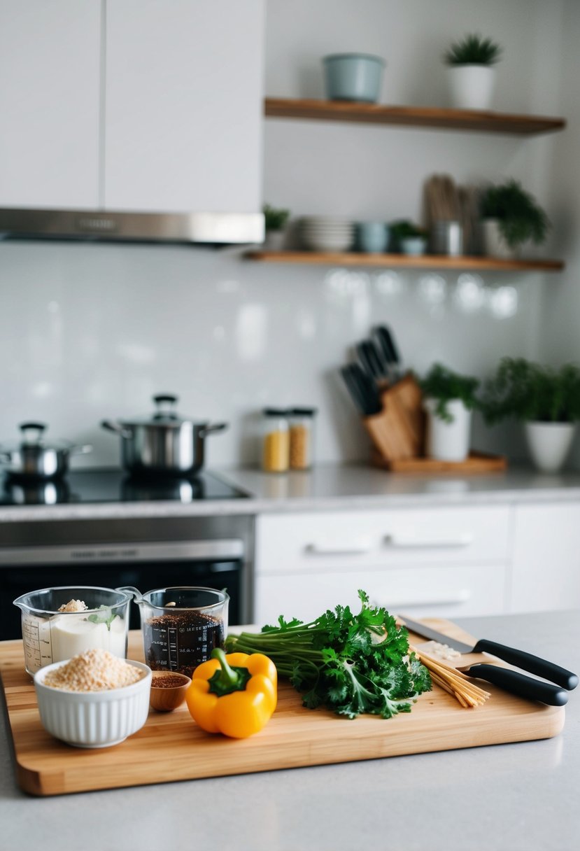 A kitchen counter with ingredients and utensils for a 2-minute recipe