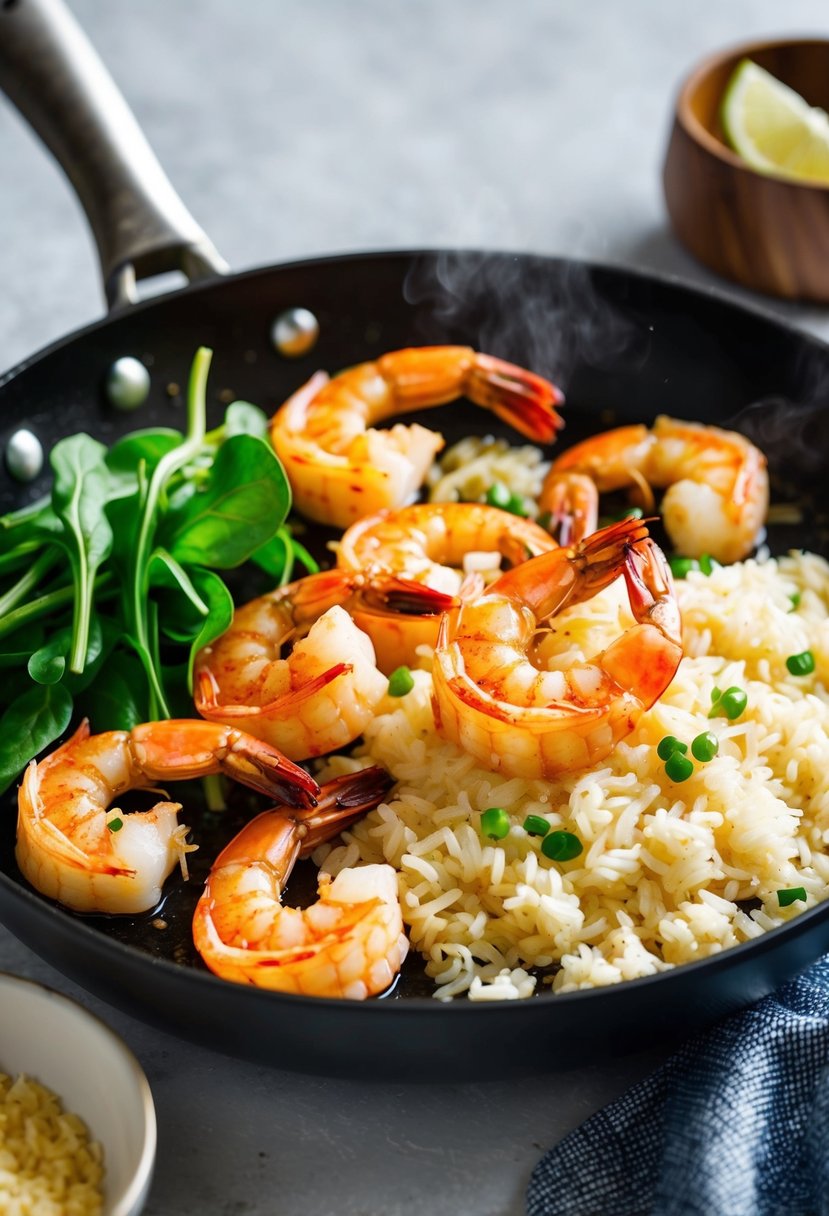 A sizzling skillet of garlic shrimp with steaming rice and a side of fresh greens