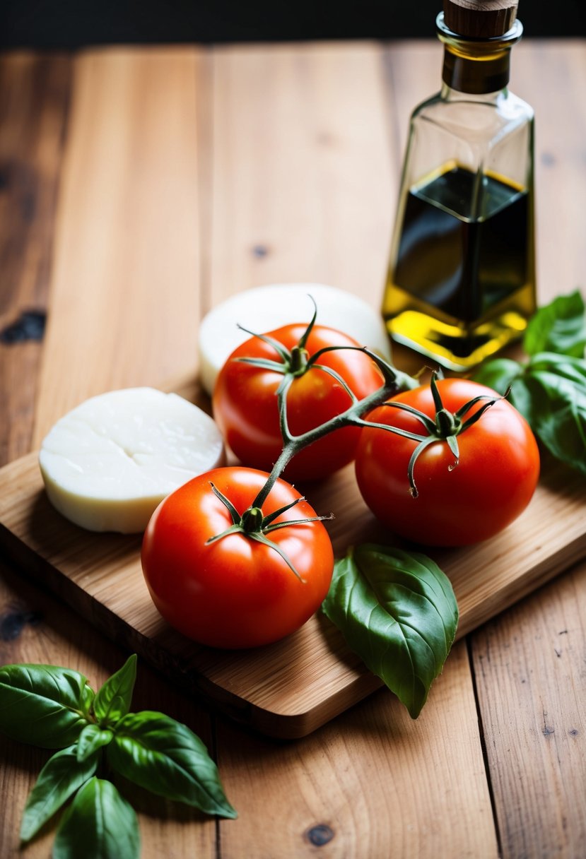 A wooden cutting board with fresh tomatoes, mozzarella, and basil leaves, along with a bottle of olive oil and balsamic vinegar