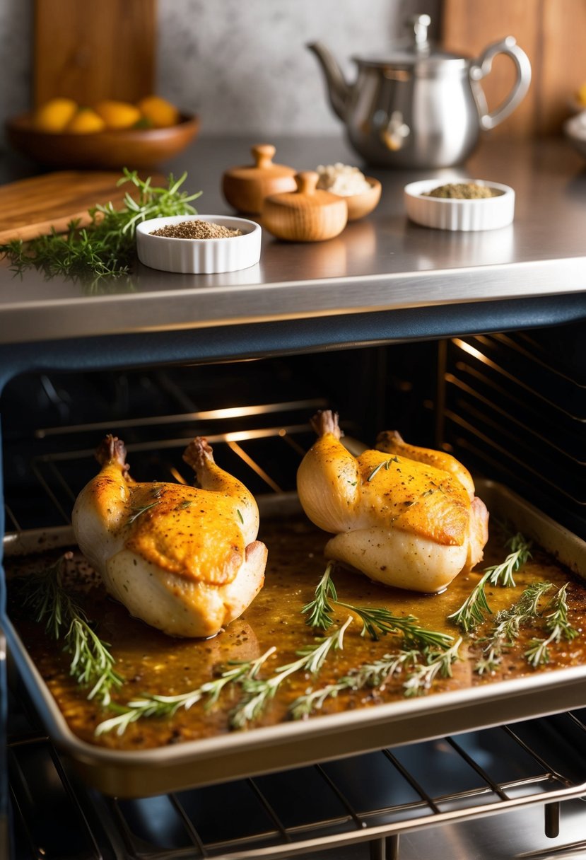 Two succulent chicken breasts baking in a sizzling oven, surrounded by aromatic herbs and spices