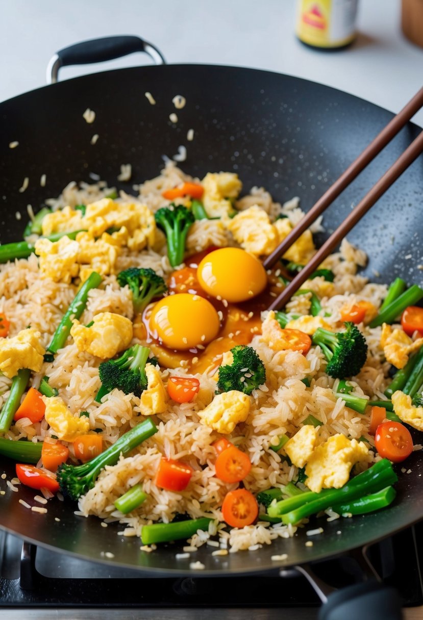 A sizzling wok filled with fluffy rice, scrambled eggs, and colorful vegetables, being tossed and seasoned with soy sauce and sesame oil