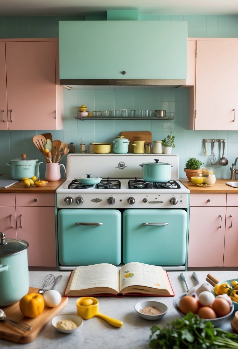 A vintage kitchen with pastel appliances and 1950s recipe books open on the counter, surrounded by ingredients and cooking utensils