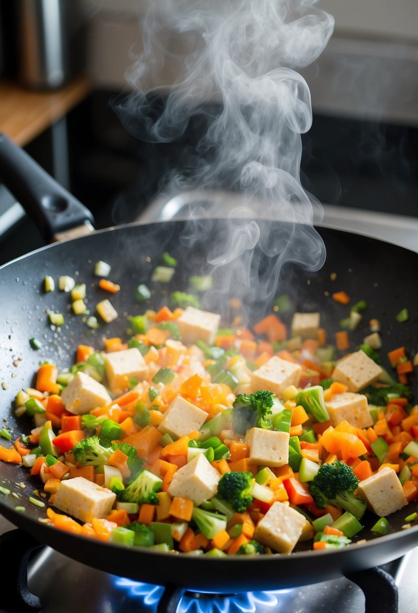 A sizzling wok filled with colorful, chopped vegetables and tofu, being stir-fried over a high flame. The steam rises as the ingredients are tossed together