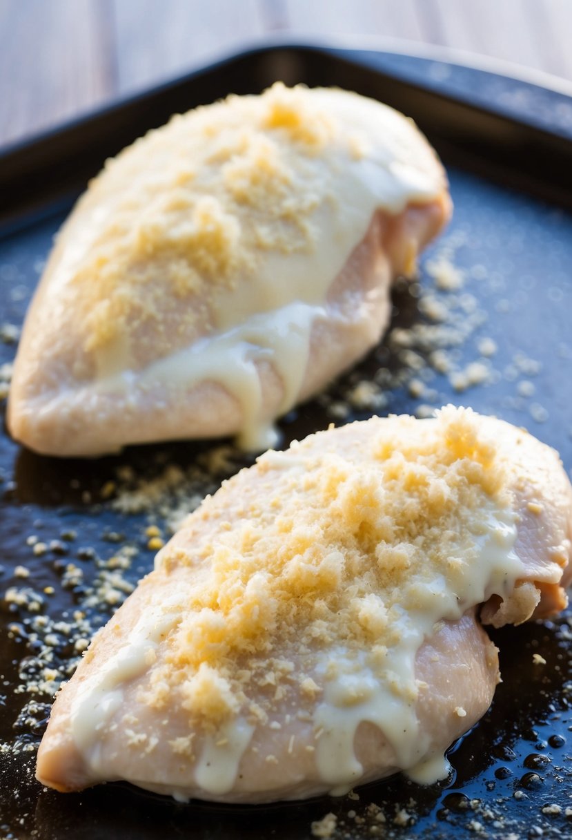 Two chicken breasts coated in Greek yogurt and Parmesan, ready to be baked