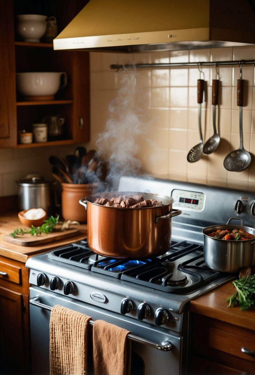 A cozy 1950s kitchen with a steaming pot of beef stew simmering on a vintage stove, surrounded by rustic cookware and ingredients