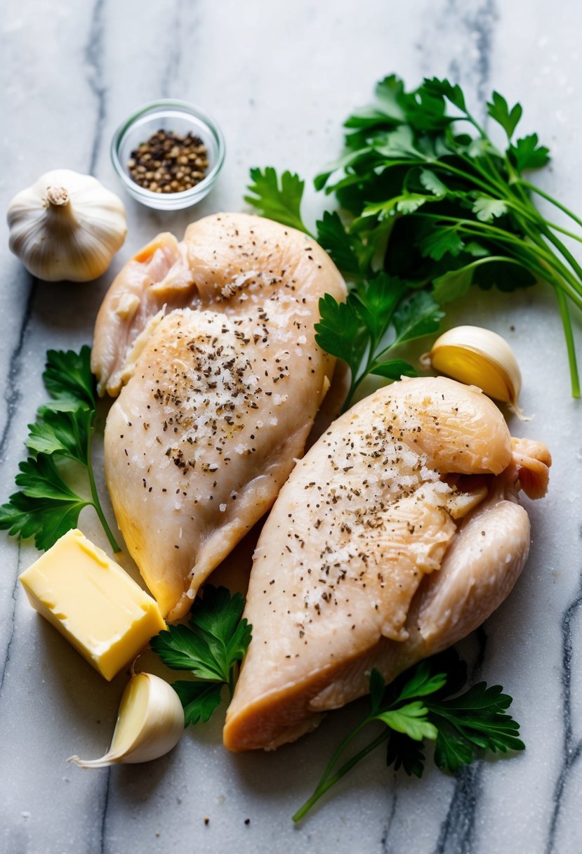 Two chicken breasts surrounded by five ingredients: salt, pepper, garlic, butter, and parsley