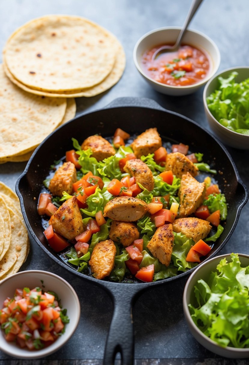 A sizzling skillet with seasoned chicken, diced tomatoes, and vibrant green lettuce, surrounded by tortillas and a bowl of zesty salsa