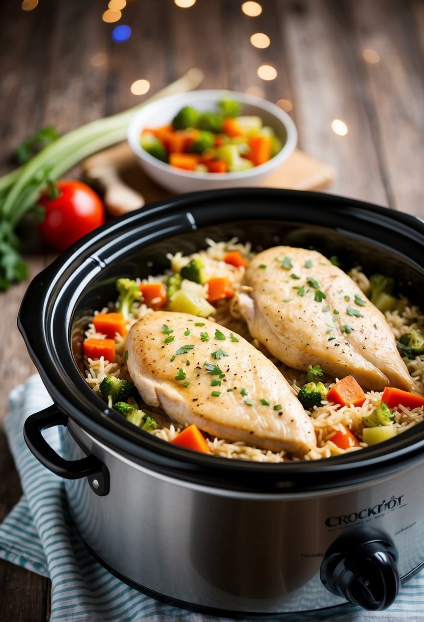 Two chicken breasts, rice, and vegetables in a crockpot