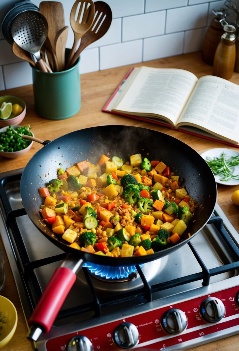 A colorful array of vegetables sizzling in a wok over a gas stove, surrounded by vintage kitchen utensils and a cookbook open to a 1950s recipe page