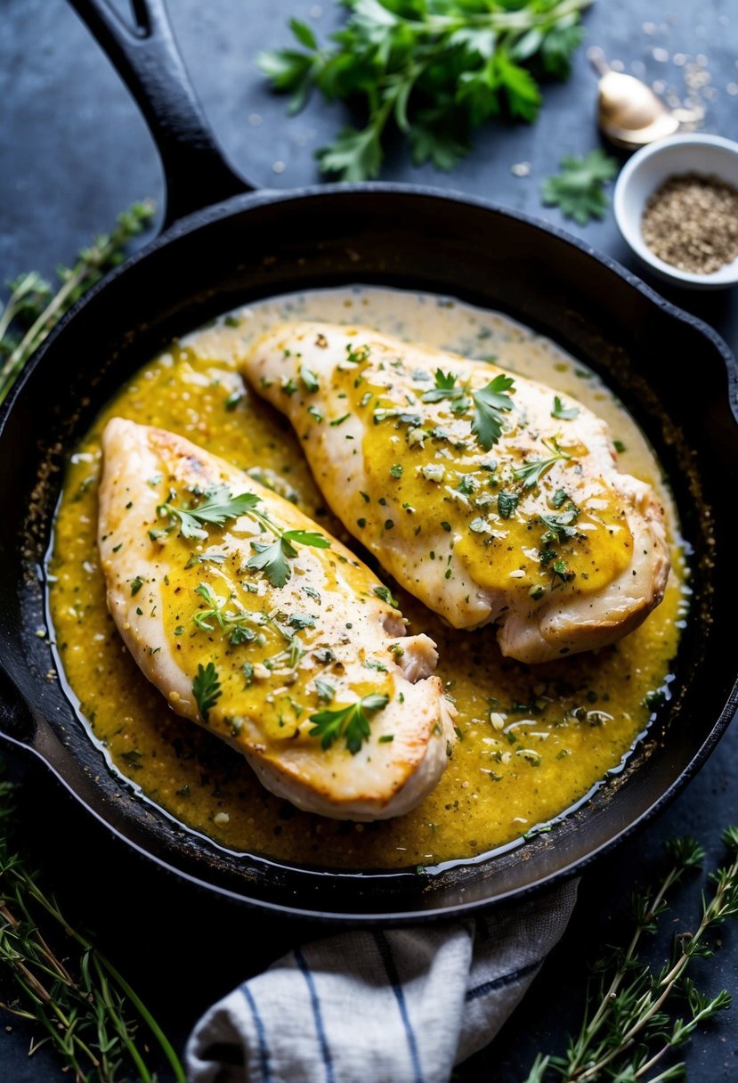 Two succulent chicken breasts sizzling in a skillet, coated in a rich garlic butter sauce, surrounded by fresh herbs and spices