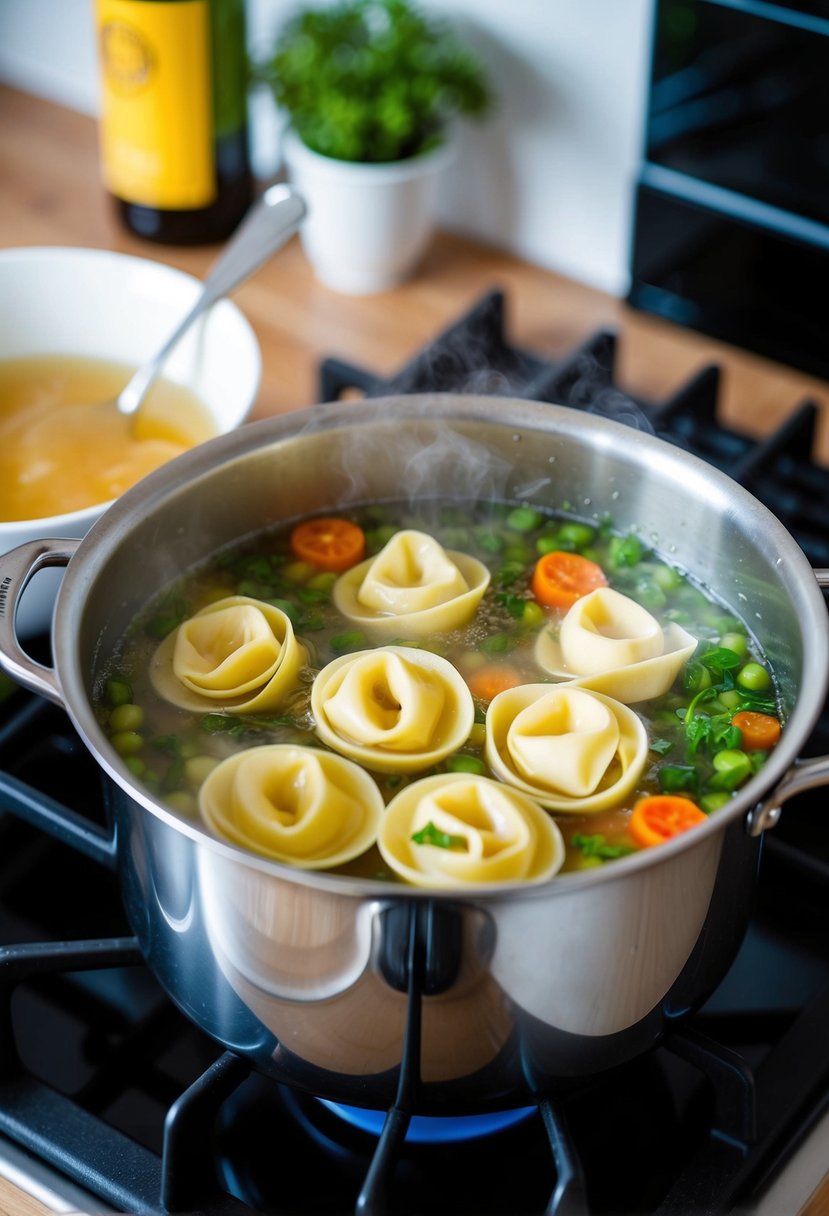 A pot of boiling water with tortellini, vegetables, and broth simmering on a stovetop