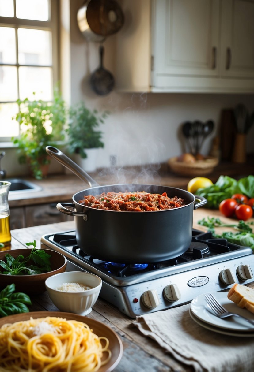 A vintage kitchen with a pot of simmering spaghetti Bolognese on a 1950s stove, surrounded by fresh ingredients and a rustic table setting