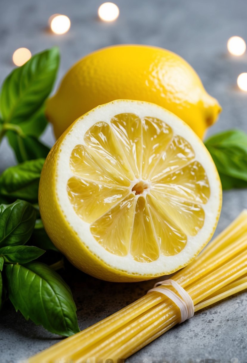 A bright yellow lemon sliced in half, surrounded by fresh basil leaves and a bundle of uncooked spaghetti