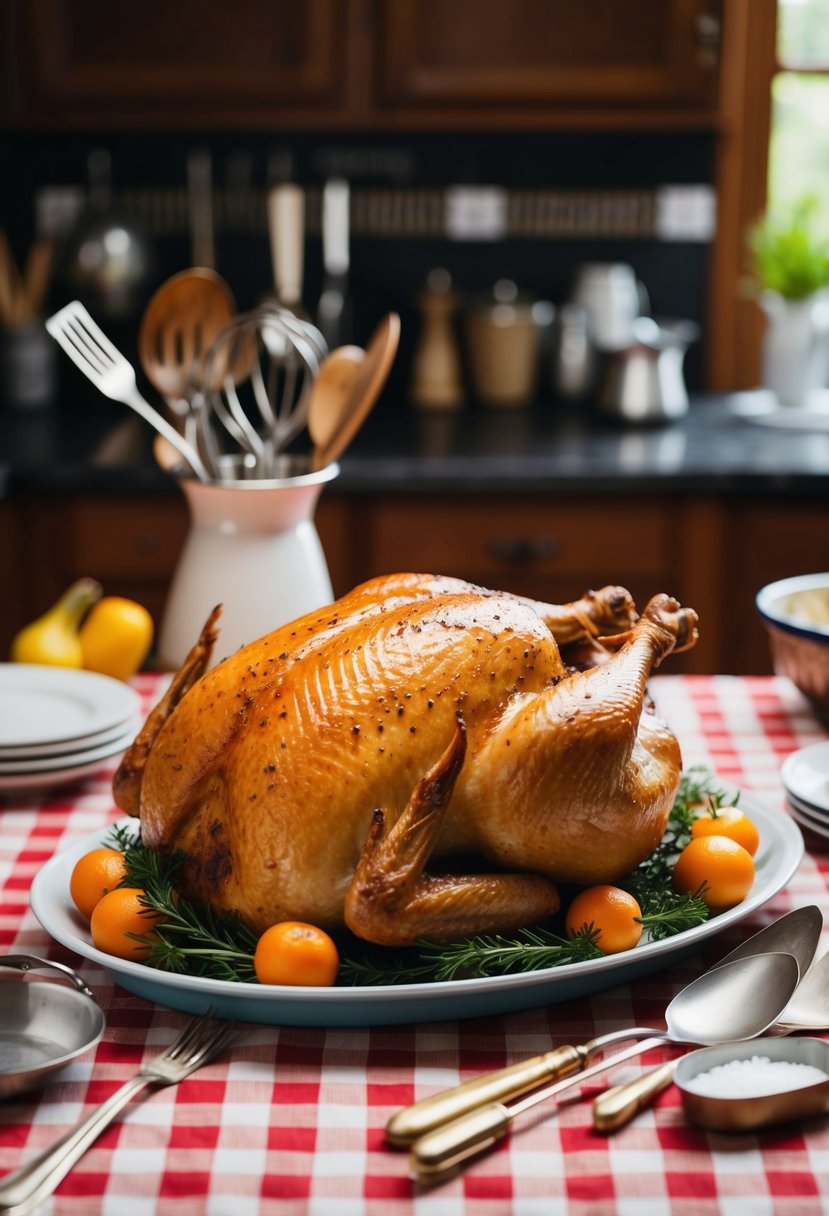 A whole roast chicken on a platter surrounded by vintage kitchen utensils and a checkered tablecloth