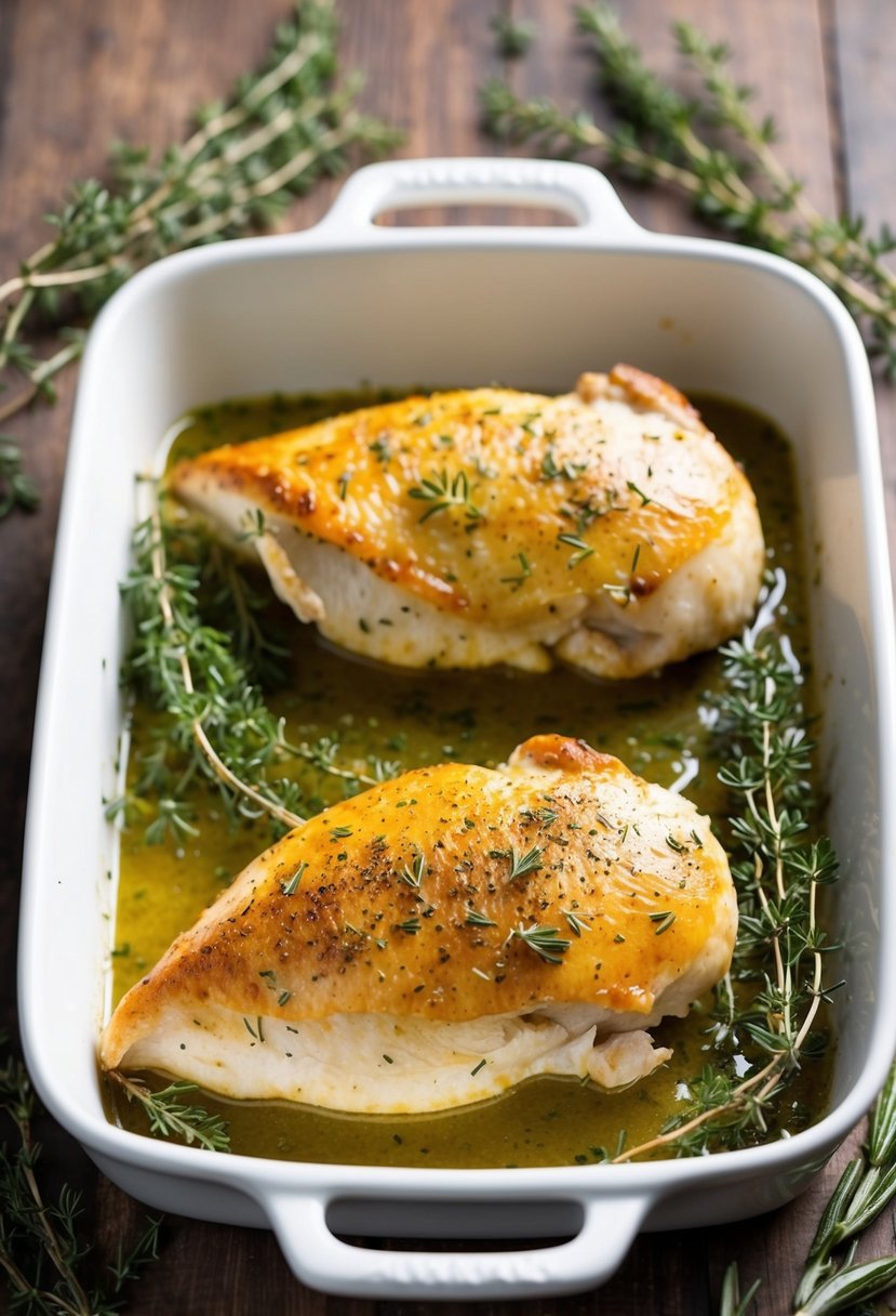 Two golden-brown chicken breasts, seasoned with herbs, sit on a white ceramic baking dish, surrounded by sprigs of fresh rosemary and thyme