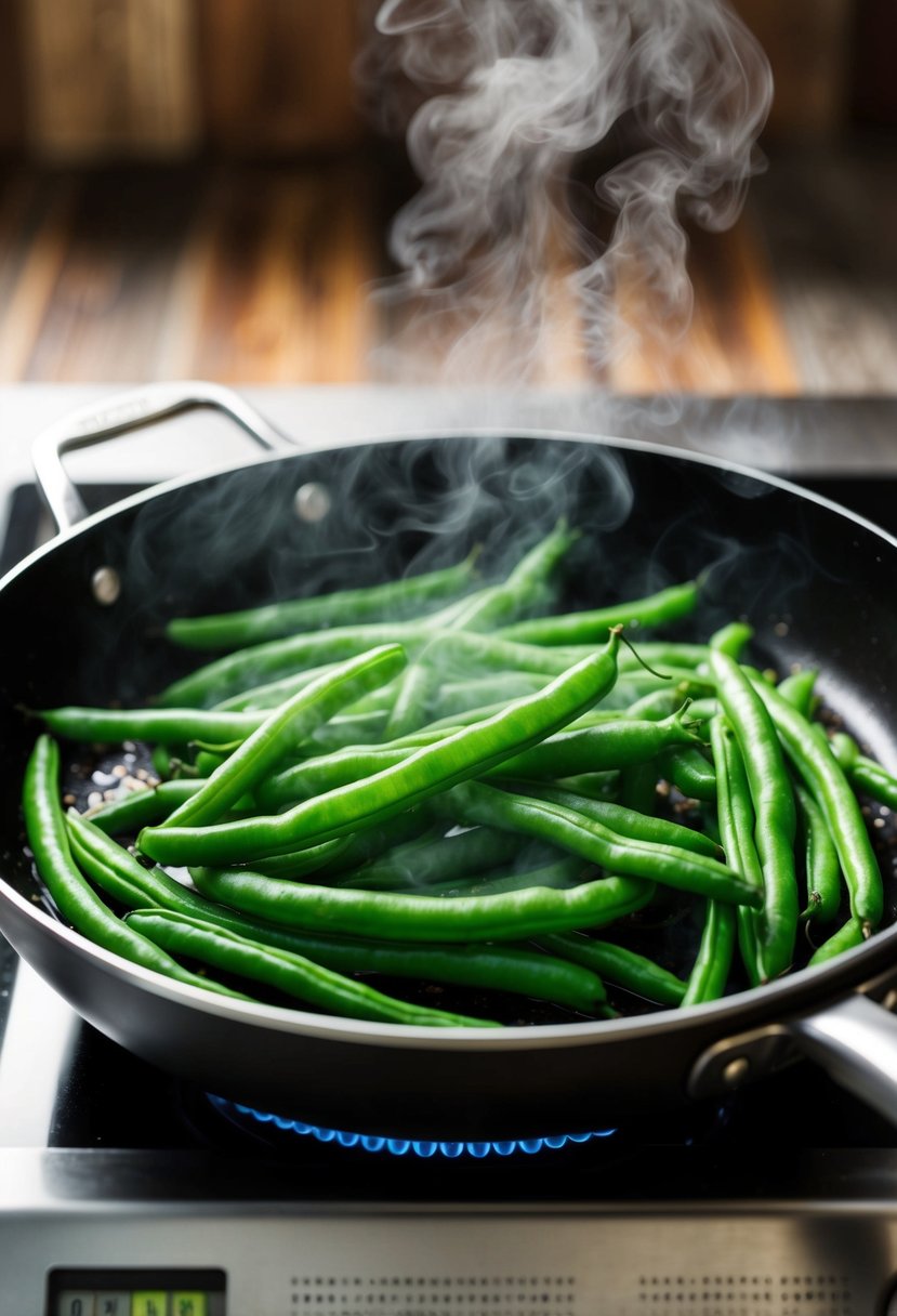 Fresh green beans sizzling in a hot skillet, steam rising. Timer set for 2 minutes