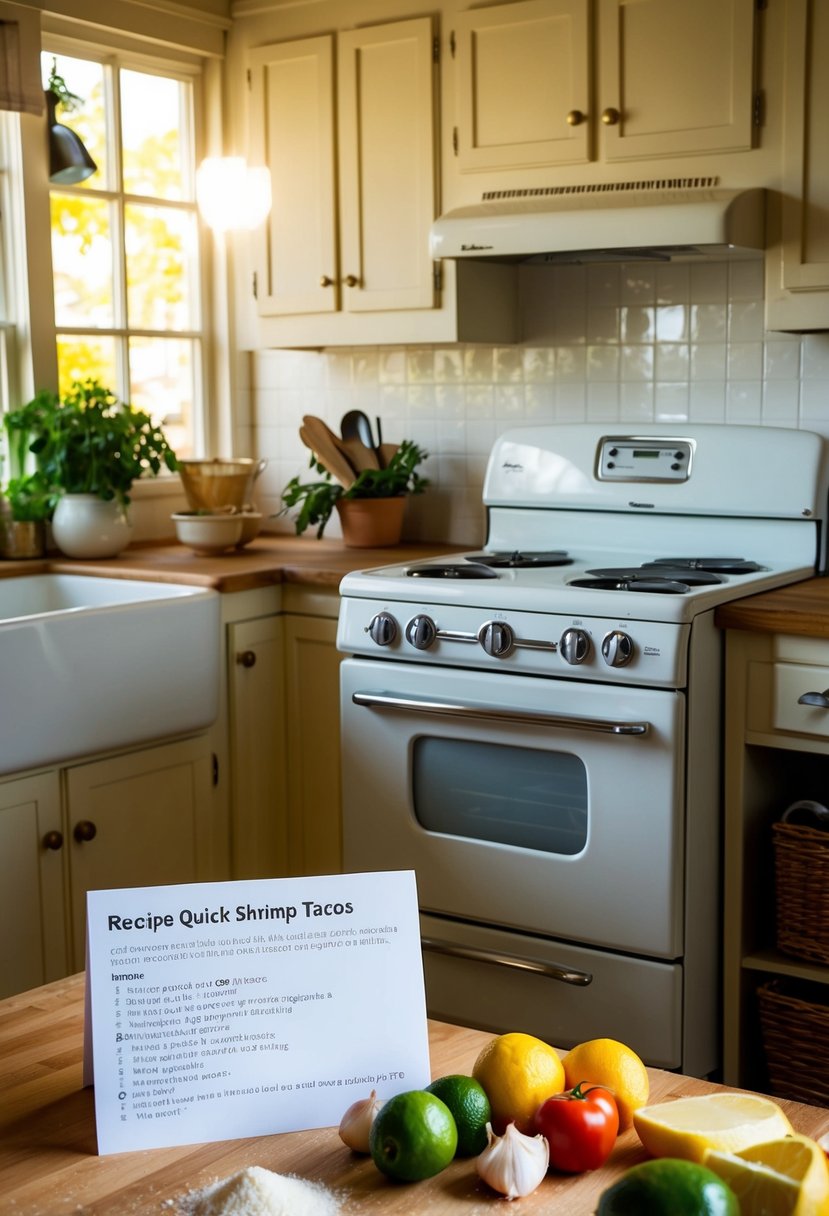 A vintage kitchen with a 1950s stove, a recipe card for quick shrimp tacos, and various ingredients laid out on the counter