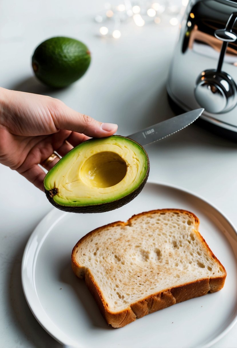 A hand reaching for a ripe avocado, a knife slicing it open, and a slice of bread toasting in a toaster