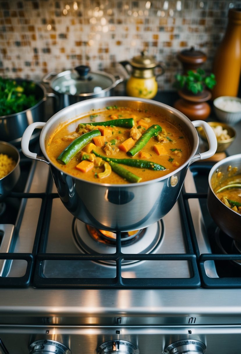 A pot of simmering vegetable curry on a 1950s kitchen stove, surrounded by vintage cookware and ingredients